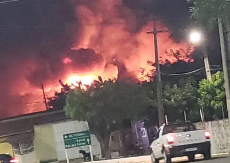 Imagem impressionante mostrando as chamas do incêndio bastante elevadas.