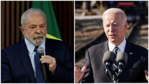 Imagem dos presidentes Lula e Biden numa montagem de fotos lado a lado.