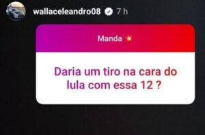 Imagem do print da enquete feita no stories com a pergunta: "Daria um tiro na cara do Lula com essa 12?".