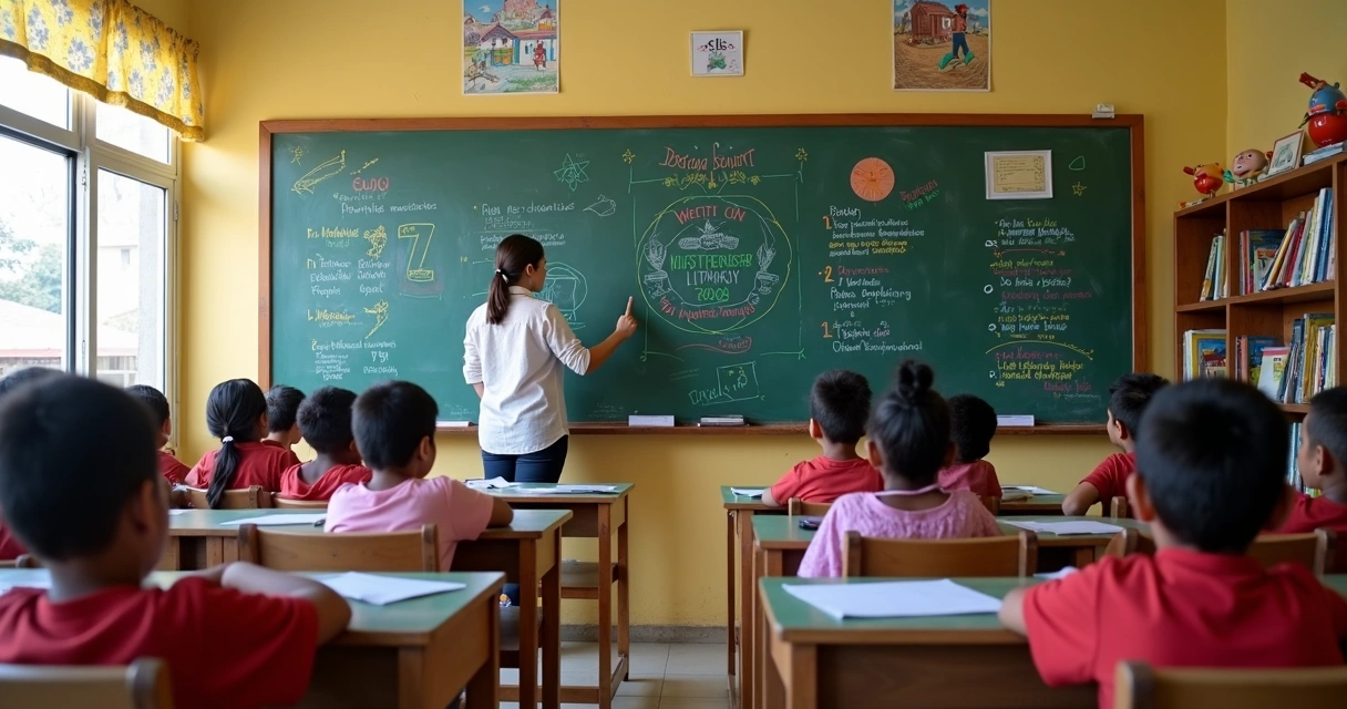Sala de aula com crianças aprendendo e professora ensinando no Rio Grande do Norte