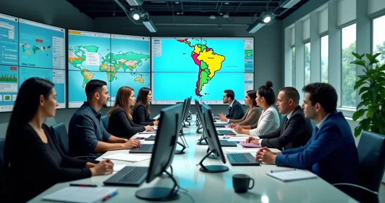 Equipe de jornalistas trabalhando em redação moderna com computadores e telas mostrando mapas do Rio Grande do Norte e notícias em tempo real