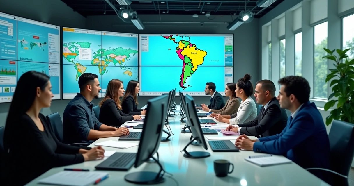 Equipe de jornalistas trabalhando em redação moderna com computadores e telas mostrando mapas do Rio Grande do Norte e notícias em tempo real