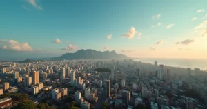 Vista panorâmica urbana do Rio Grande do Norte com elementos representando política, cultura e desafios sociais em 2025