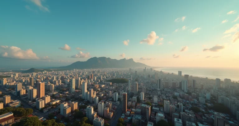Vista panorâmica urbana do Rio Grande do Norte com elementos representando política, cultura e desafios sociais em 2025