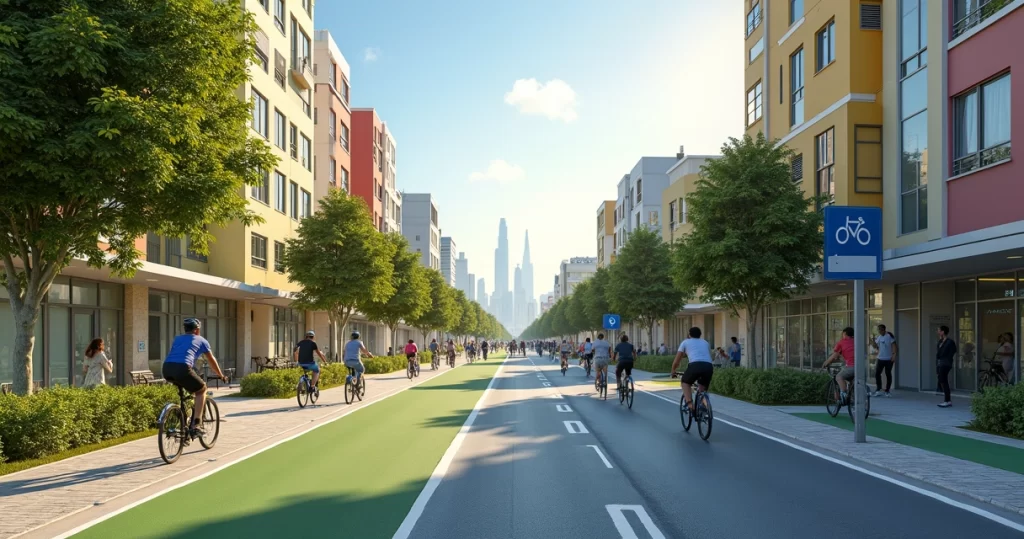 Ciclistas usando ciclovia moderna em área urbana de Natal com vegetação e prédios ao fundo