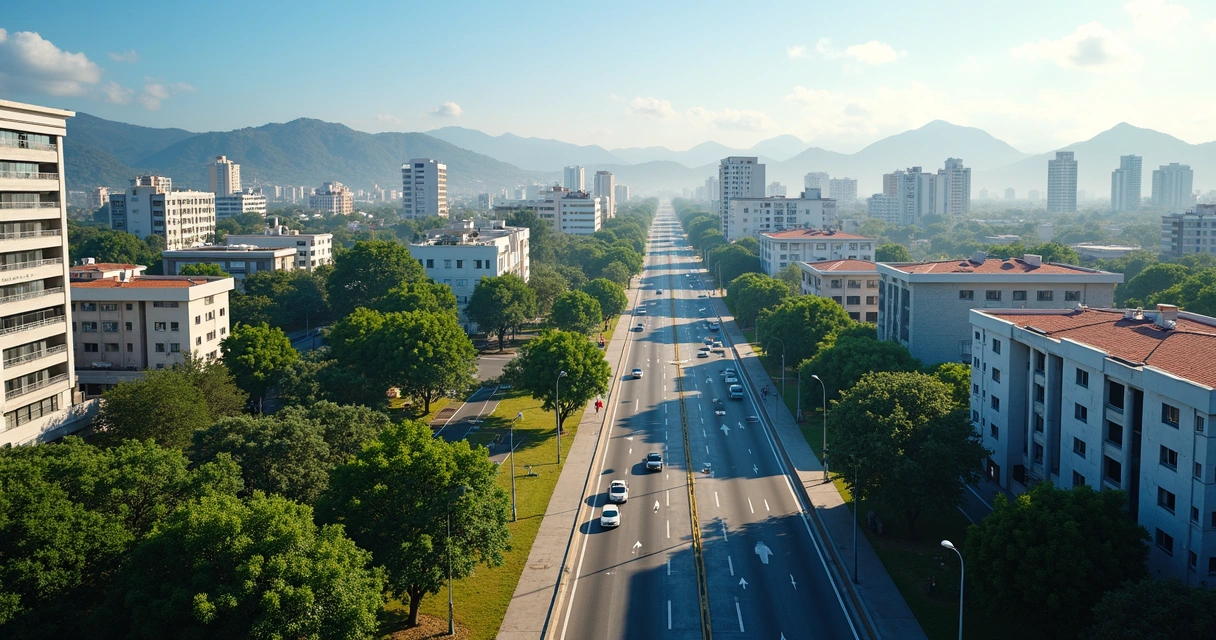 Vista panorâmica de uma cidade urbana no Rio Grande do Norte com prédios, ruas movimentadas e áreas verdes destacadas