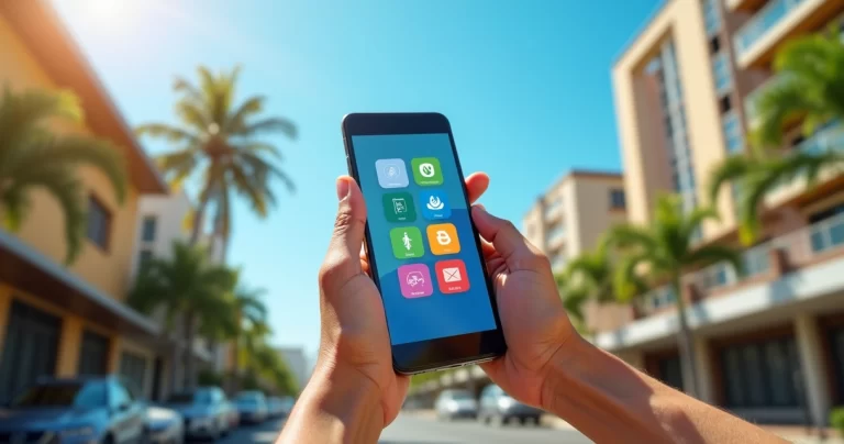 Mãos segurando smartphone com tela mostrando vários aplicativos coloridos em ambiente urbano de Mossoró