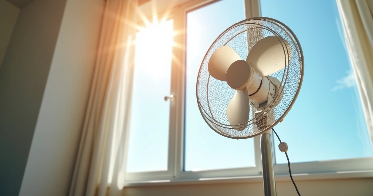 Ventilador ligado em ambiente interno iluminado por luz do sol forte de verão