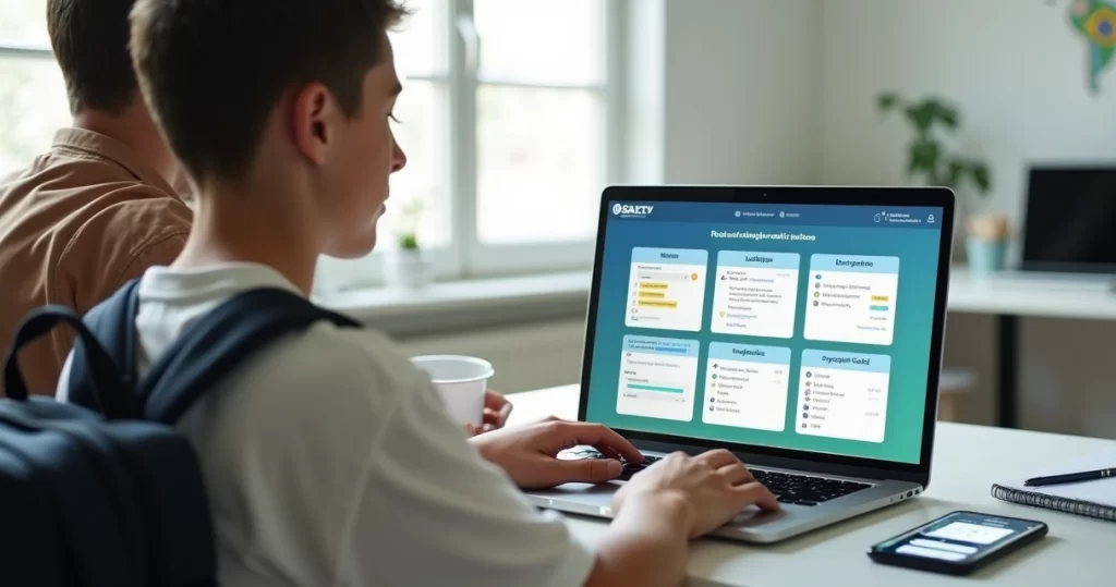 Aluna e responsável acessando o Sigeduc de Parnamirim em notebook