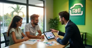 Casal potiguar analisa consórcio Sicredi com gerente em agência moderna