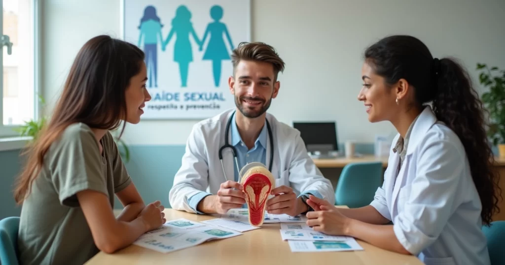Profissional de saúde conversando sobre sexualidade com jovens em consultório