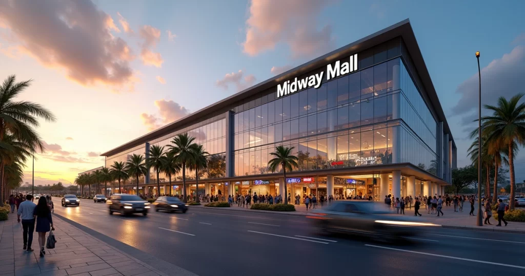 Fachada do Midway Mall em Natal com movimento de pessoas e carros ao entardecer