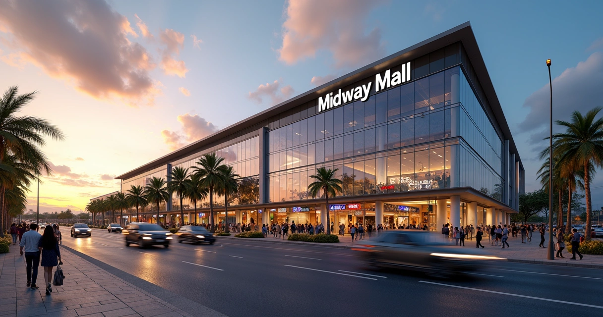 Fachada do Midway Mall em Natal com movimento de pessoas e carros ao entardecer