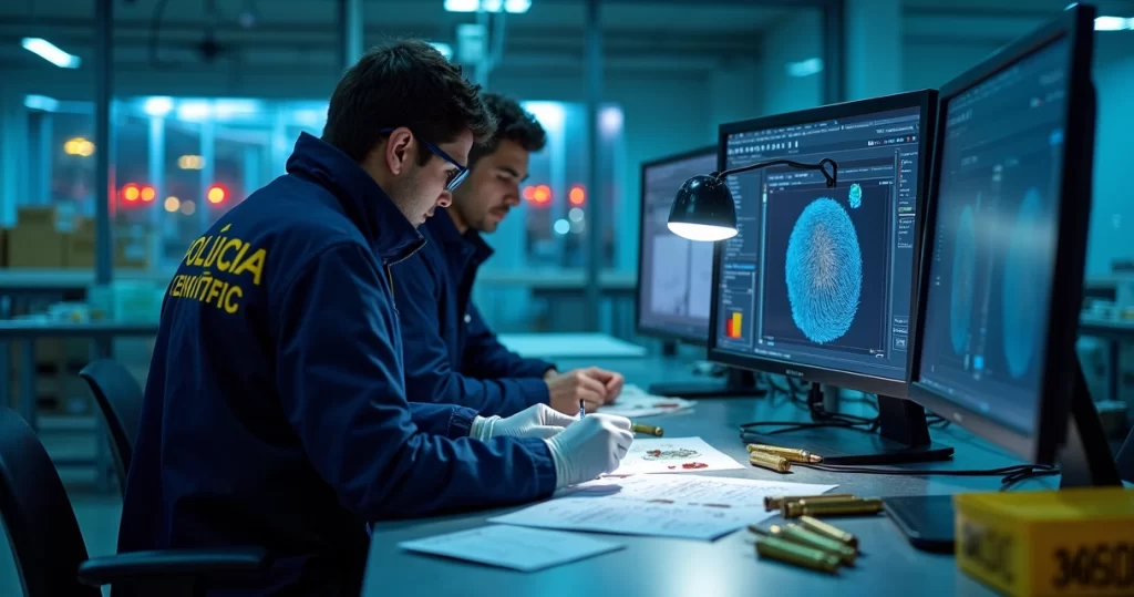 Peritos da polícia científica analisando cena de crime em laboratório moderno