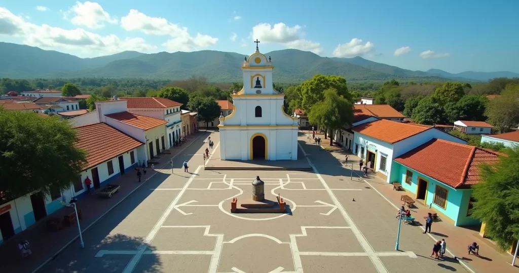 Vista aérea da praça central de Riachuelo RN com igreja e casas coloridas ao redor