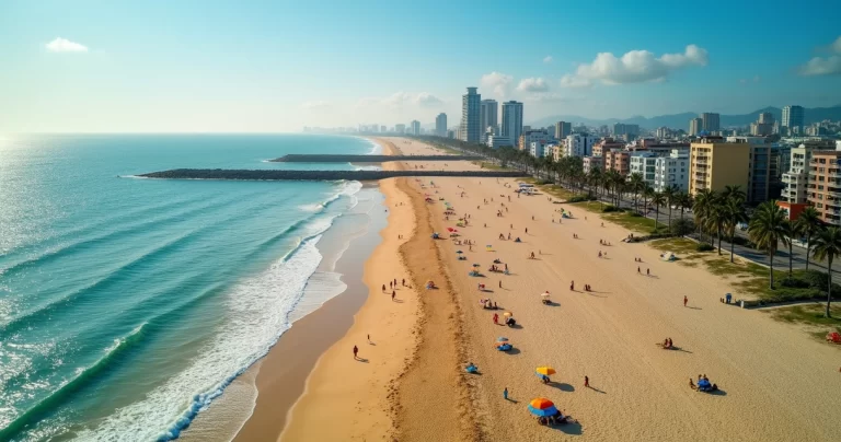 Vista aérea da Praia de Miami em Natal com faixa de areia, quebra-mar e área urbana ao fundo