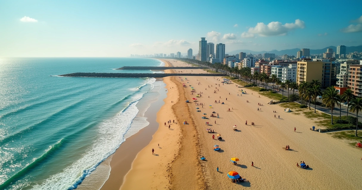 Vista aérea da Praia de Miami em Natal com faixa de areia, quebra-mar e área urbana ao fundo