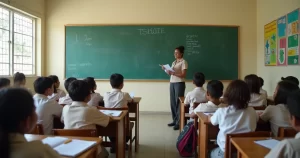 Professora em sala de aula pública no RN com alunos atentos